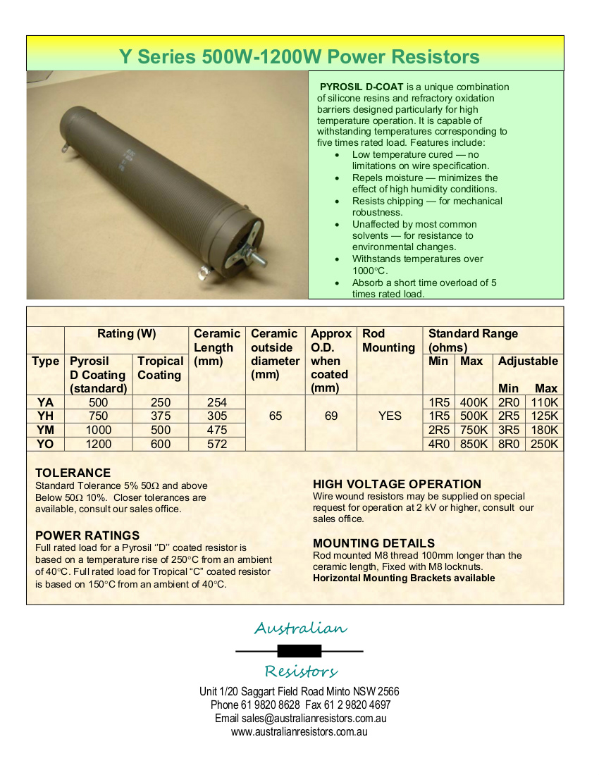 Y series 500-1200W resistors data sheet 